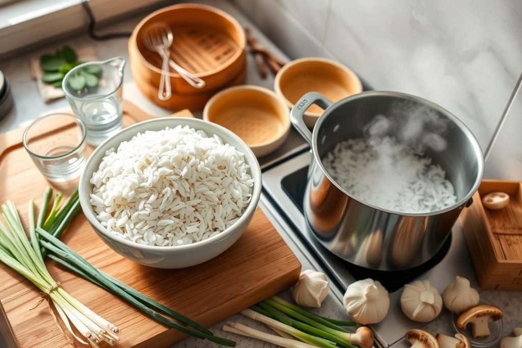 Preparing rice for shumai and xiaolongbao