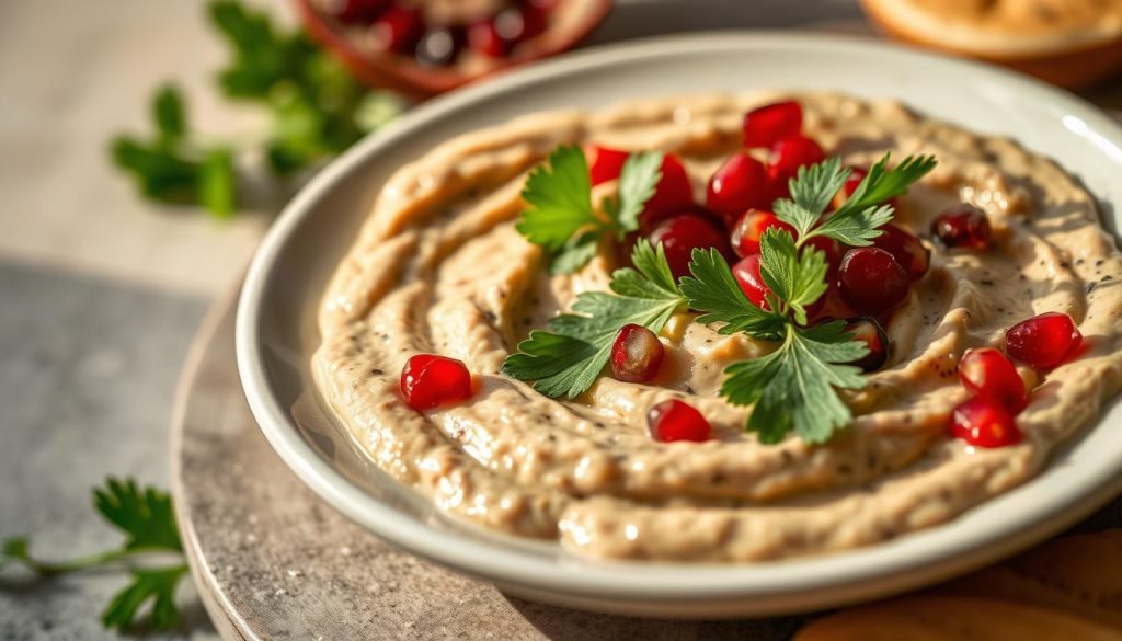 Baba ghanoush with parsley and pomegranate seeds