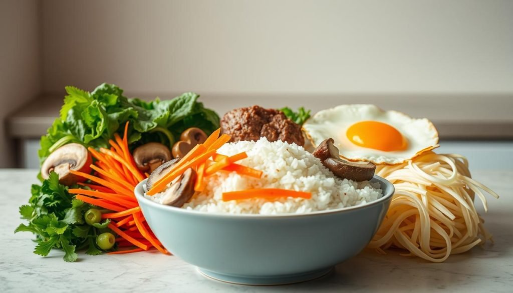 Essential ingredients for bibimbap including rice, vegetables, and proteins