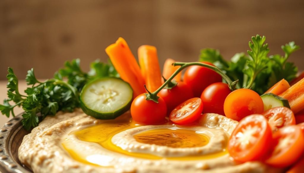 Garnished hummus with vegetables