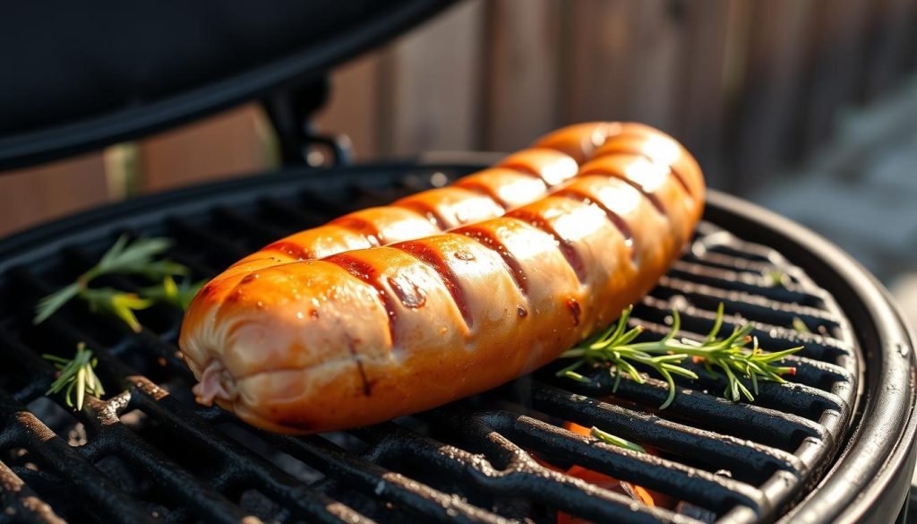Grilled bratwurst on a barbecue