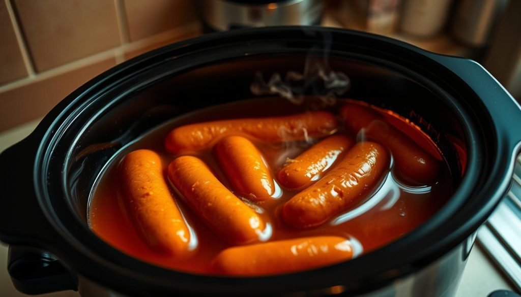 Hot Dogs kept warm in a slow cooker