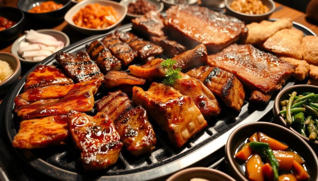 Korean BBQ meats including beef, pork belly, and chicken bulgogi