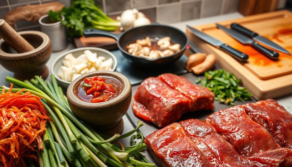 Korean BBQ prep with ingredient preparation and meat marinating.