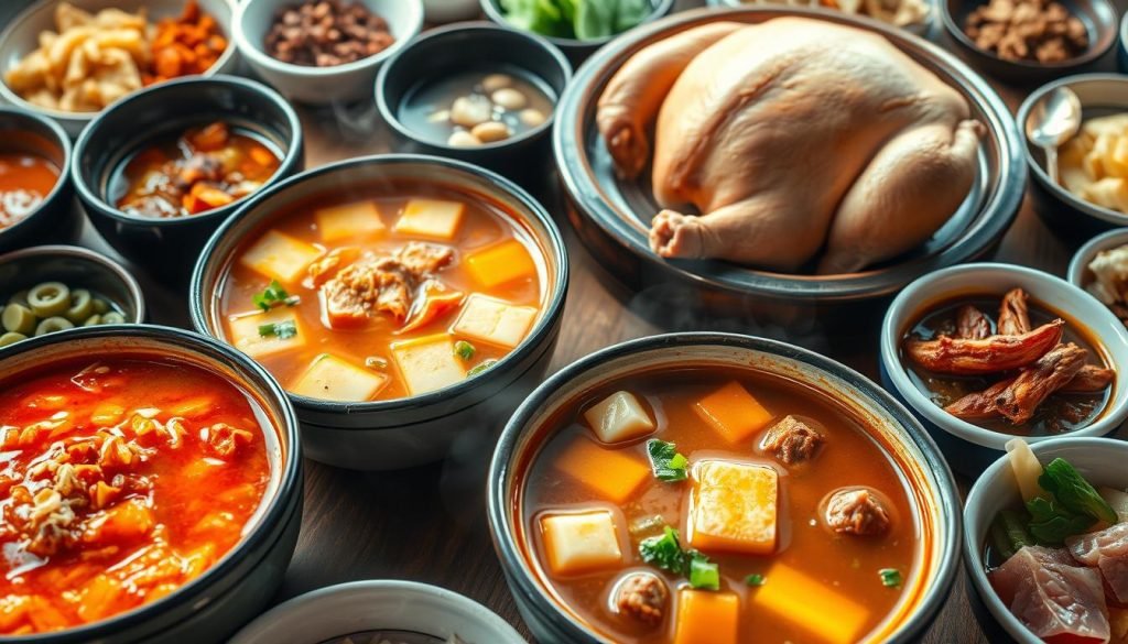 Korean Food Including Kimchi Jjigae, Doenjang Jjigae, and Samgyetang