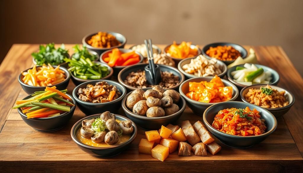 Korean side dishes featuring diverse banchan