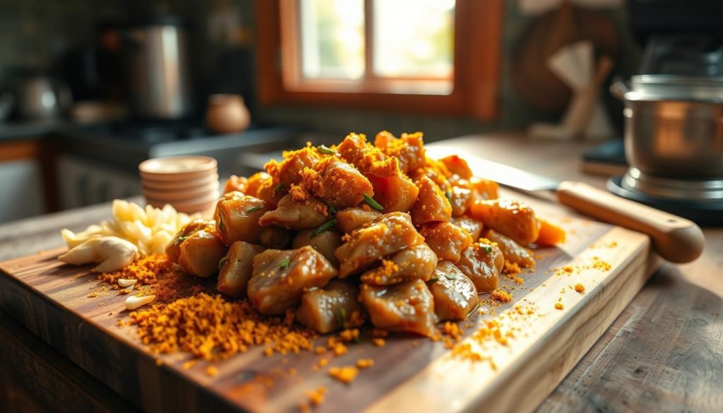 Marinating goat meat with ginger, garlic, and turmeric