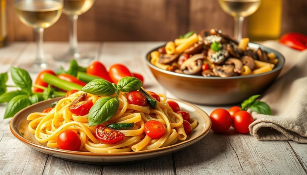 Vegetarian pasta dishes with colorful vegetables