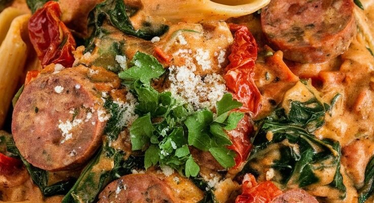 Creamy Tuscan Sausage Pasta with Spinach and Sun-Dried Tomatoes
