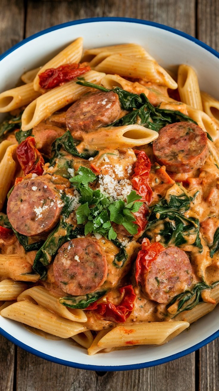 Creamy Tuscan Sausage Pasta with Spinach and Sun-Dried Tomatoes