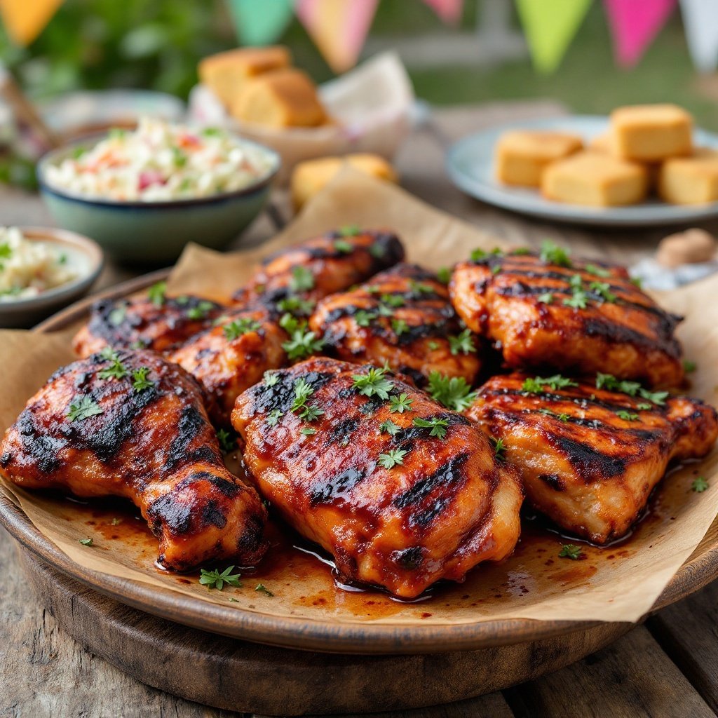 Savory Barbecue Chicken Thighs Recipe Grilled barbecue chicken thighs on a platter with coleslaw and cornbread, in a backyard BBQ setting.
