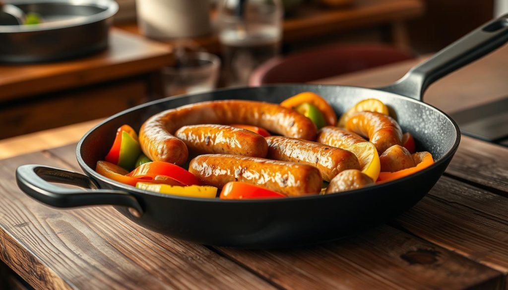 cooking sausage and peppers in skillet