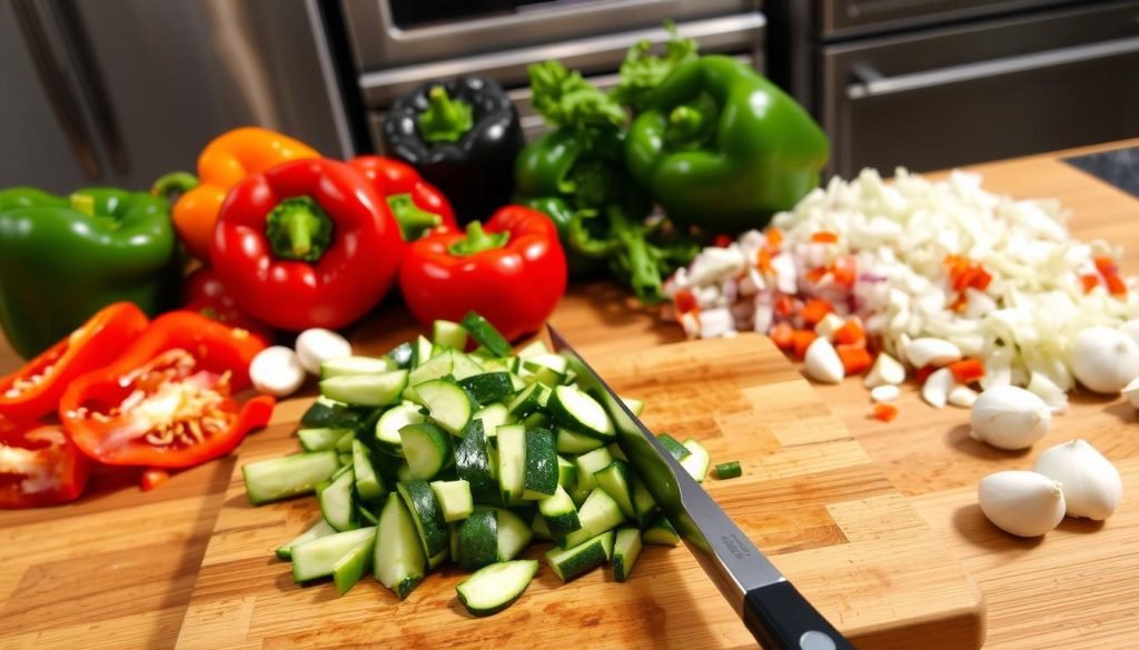 prepping vegetables for preparing sausage and peppers