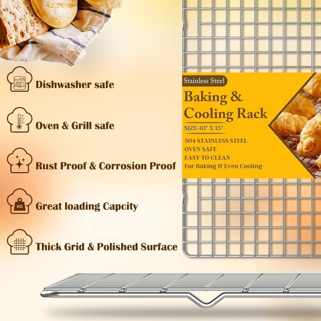 2PCS Cooling Racks for Cooking and Baking - 10 x 15Heavy Duty Stainless Steel Wire Rack for Baking, Grilling, Roasting - Oven  Dishwasher Safe - Fits Jelly Roll Sheet Pan-Silver