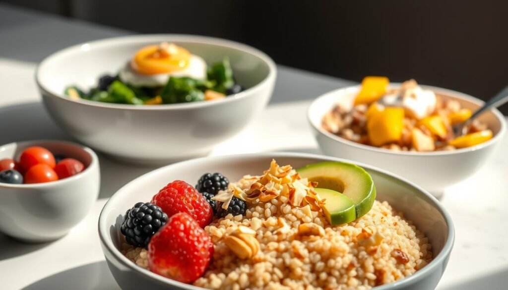 A beautifully lit breakfast spread featuring a trio of quinoa bowls. In the foreground, a bowl of fluffy quinoa topped with fresh berries, sliced avocado, and a drizzle of honey. In the middle, a bowl with poached eggs nestled atop a bed of quinoa, garnished with sautéed spinach and a sprinkle of toasted almonds. In the background, a third bowl showcases quinoa combined with diced mango, toasted coconut flakes, and a dollop of Greek yogurt. Soft, natural lighting illuminates the scene, casting a warm, inviting glow. The overall composition is clean, minimalist, and visually appealing, highlighting the wholesome, nutrient-dense nature of the quinoa-based breakfast dishes.