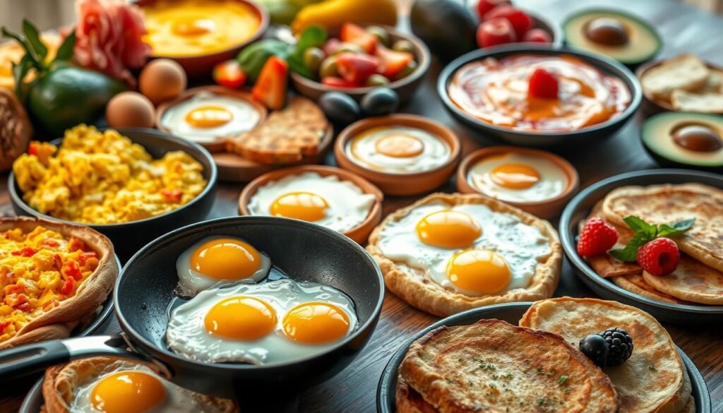 A bountiful breakfast spread featuring a variety of egg-based dishes, captured in a warm, inviting light. In the foreground, a skillet sizzles with perfectly cooked sunny-side-up eggs, their yolks glistening. Surrounding the skillet, an assortment of breakfast classics - fluffy scrambled eggs, hearty omelets filled with vibrant vegetables, and creamy quiches with flaky pastry crusts. In the middle ground, crisp toast slices and fluffed-up pancakes await, drizzled with golden honey and sprinkled with fresh herbs. The background is adorned with a variety of seasonal fruits, from juicy berries to sliced avocado, creating a visually stunning and appetite-inducing scene. The overall atmosphere is one of culinary creativity and the comforting aroma of a well-prepared morning meal.