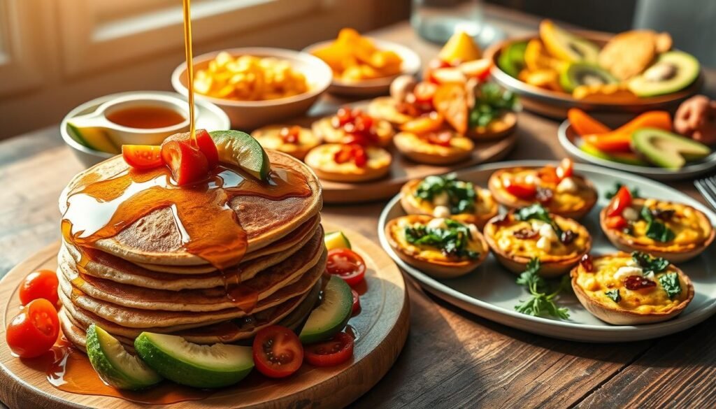 A bountiful spread of freshly prepared vegetarian breakfast dishes, artfully arranged on a rustic wooden table. In the foreground, a hearty stack of fluffy pancakes drizzled with maple syrup, accompanied by colorful slices of ripe avocado and juicy tomatoes. In the middle ground, a variety of bite-sized frittatas bursting with sautéed spinach, feta, and sun-dried tomatoes. In the background, a platter of crisp, golden hash browns and a selection of seasonal fruits, such as sliced kiwi and strawberries. The scene is bathed in warm, natural light, creating a cozy and inviting atmosphere. The overall composition evokes a sense of balance, nourishment, and a celebration of plant-based delights.