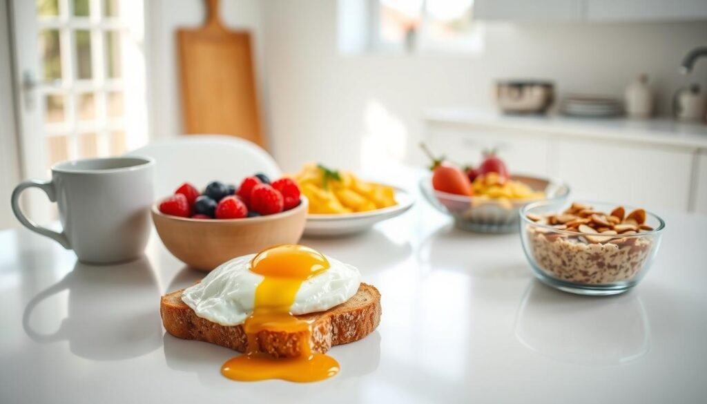A bright, well-lit kitchen counter showcasing a delectable arrangement of easy breakfast recipes with just a few simple ingredients. In the foreground, a delicate fried egg nestled atop a crisp piece of toast, drizzled with a golden yolk. Alongside, a bowl of fresh berries and a steaming mug of aromatic coffee. In the middle ground, fluffy scrambled eggs garnished with chives, and a small bowl of overnight oats topped with sliced almonds and a drizzle of honey. The background features a minimalist, airy setting with clean white walls and natural light streaming in through large windows, creating a serene and inviting atmosphere perfect for a quick and nourishing weekday breakfast.