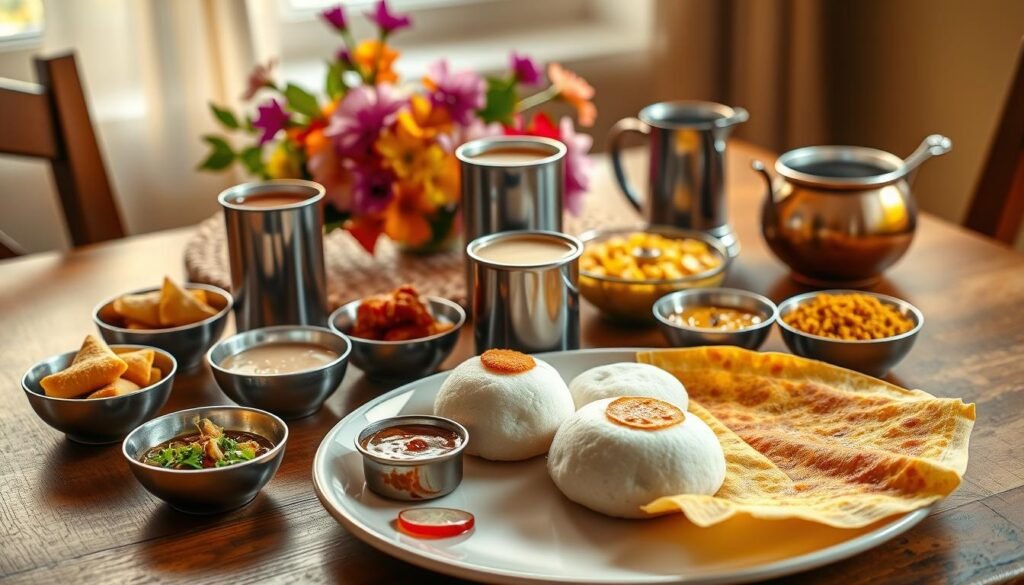 A cheerful, colorful scene of a child's Indian breakfast spread on a wooden table. In the foreground, a plate with a crisp dosa, fluffy idli, and chutneys. Surrounding it, small bowls of vibrant vegetable samosas, sweet jalebi, and savory poha. The middle ground features a stainless steel tumbler of warm, frothy chai and a small copper pot of steaming upma. In the background, a woven placemat, a vibrant floral arrangement, and warm, natural lighting filtering through a window. The overall mood is inviting, nurturing, and celebration of the flavors and textures of a traditional Indian morning meal designed to delight young taste buds.
