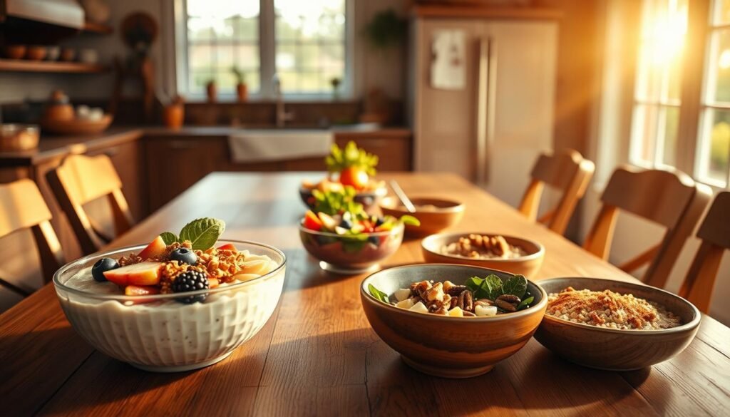 A cozy farmhouse kitchen bathed in warm, golden light. On the expansive wooden table, a bountiful spread of wholesome breakfast bowls: creamy oatmeal topped with sliced fruit, crunchy granola, and a drizzle of honey; a vibrant smoothie bowl brimming with berries, leafy greens, and chia seeds; and a hearty quinoa porridge garnished with roasted nuts and a sprinkle of cinnamon. The scene exudes a sense of nourishment and community, inviting the viewer to gather around the table and savor the simple pleasures of a wholesome morning meal.