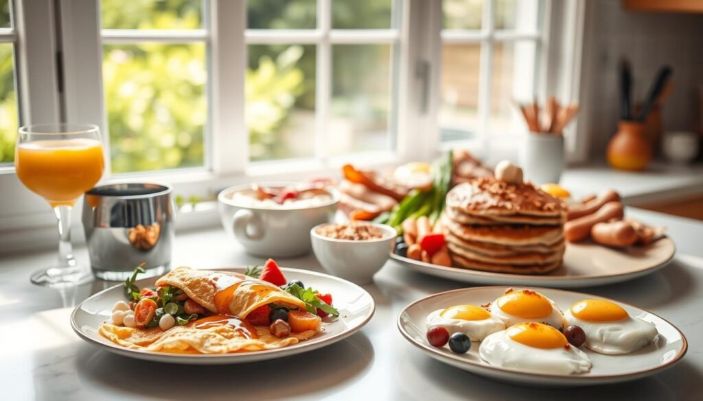 A crisp, sun-drenched kitchen counter, adorned with an array of protein-rich breakfast delights. In the foreground, a plate showcases a fluffy omelet brimming with vibrant vegetables and lean protein, accompanied by a stack of whole-grain pancakes drizzled with a glistening honey syrup. Beside it, a glass of freshly squeezed orange juice and a bowl of Greek yogurt layered with crunchy granola and juicy berries. In the middle ground, an artfully arranged platter displays sizzling turkey bacon, savory turkey sausages, and perfectly poached eggs. The background features a window overlooking a lush, verdant garden, flooding the scene with warm, natural light. The atmosphere exudes a sense of healthful indulgence, inviting the viewer to savor a nourishing, high-protein start to the day.
