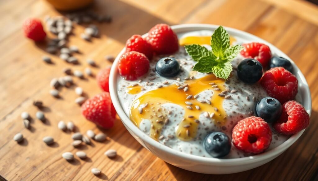 A delectable breakfast of chia seed pudding, artfully presented on a wooden table. The pudding, made with creamy almond milk, is dotted with plump, glistening chia seeds and drizzled with a golden honey glaze. Fresh berries, such as vibrant raspberries and blueberries, are scattered around the bowl, adding pops of color and a sweet-tart contrast. The scene is bathed in warm, natural light, creating a soft, inviting atmosphere. Whole chia seeds and a sprig of mint add a final touch of textural interest and freshness to this nourishing, photogenic breakfast.