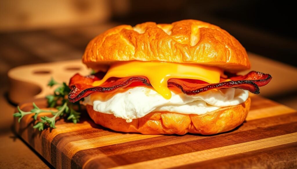 A delectable breakfast sandwich nestled on a wooden board, its layers meticulously arranged. A fluffy, golden brioche bun cradles a perfectly cooked fried egg, its yolk glistening. Crisp, salty bacon slices are layered on top, their edges caramelized. A slice of melted cheddar cheese binds the components together, creating a harmonious blend of flavors. The scene is bathed in warm, natural lighting, casting soft shadows and highlighting the sandwich's textures. A sprig of fresh thyme adds a touch of rustic elegance, while a subtle vignette effect creates a cozy, inviting atmosphere. This classic American breakfast dish with a modern twist is the embodiment of culinary craftsmanship and morning indulgence.