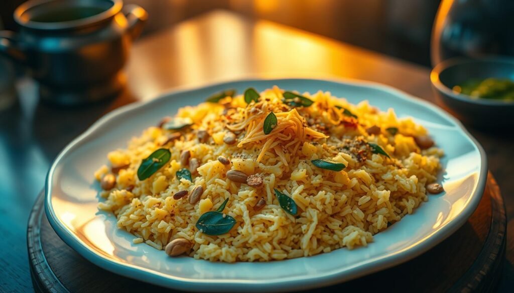 A delicious Indian breakfast of hot, crispy poha (flattened rice) garnished with fresh curry leaves, mustard seeds, and roasted peanuts. The poha is served on a white ceramic plate, glistening with ghee, and accented by a sprinkle of sev (savory noodles) and a vibrant green chutney. The scene is captured in warm, golden-hour lighting, creating a cozy, inviting atmosphere. The background is blurred, allowing the poha to take center stage, highlighting its texture and color. The composition is balanced, drawing the viewer's eye to the beautifully plated dish.