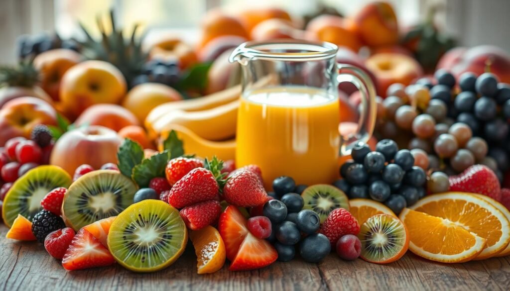 A delightful arrangement of fresh, vibrant fruits cascading across a rustic wooden table, bathed in soft, warm natural lighting. In the foreground, a mouthwatering medley of sliced kiwi, juicy berries, and juicy orange wedges, artfully presented. In the middle ground, a glass pitcher filled with chilled, golden mango smoothie, its creamy texture glistening. Behind, a scattering of whole fruits - succulent peaches, crisp apples, and luscious grapes - creating a bountiful, inviting still life. The overall scene exudes a sense of health, vitality, and the perfect start to a nourishing, energized morning.