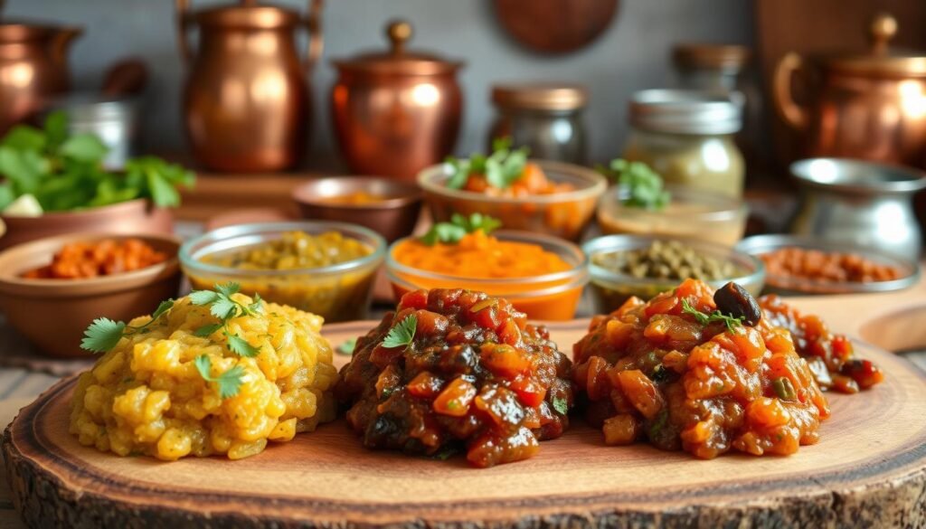 A delightful selection of homemade Indian chutneys, artfully arranged on a rustic wooden board. In the foreground, vibrant mounds of tangy tamarind, zesty cilantro, and sweet date chutneys beckon. The middle ground showcases a vibrant array of dipping sauces, each with its unique blend of spices and aromatics. In the background, a softly-lit kitchen setting, with copper pots and jars hinting at the culinary traditions that have given rise to these flavorful accompaniments. The overall scene exudes a warm, inviting atmosphere, capturing the essence of Indian breakfast traditions.