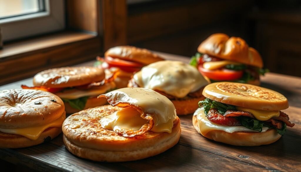 A freshly prepared assortment of hearty breakfast sandwiches, glistening with melted cheese and savory fillings, lies on a rustic wooden surface. The sandwiches feature fluffy, golden-brown English muffins or buttery croissants, layered with crisp bacon, soft-scrambled eggs, and a variety of toppings like sliced tomatoes, wilted spinach, and creamy hollandaise sauce. Warm morning light filters in through a nearby window, casting a soft, inviting glow on the scene. The composition is well-balanced, with the sandwiches taking center stage, framed by a simple, yet elegant background that emphasizes their appetizing appeal.