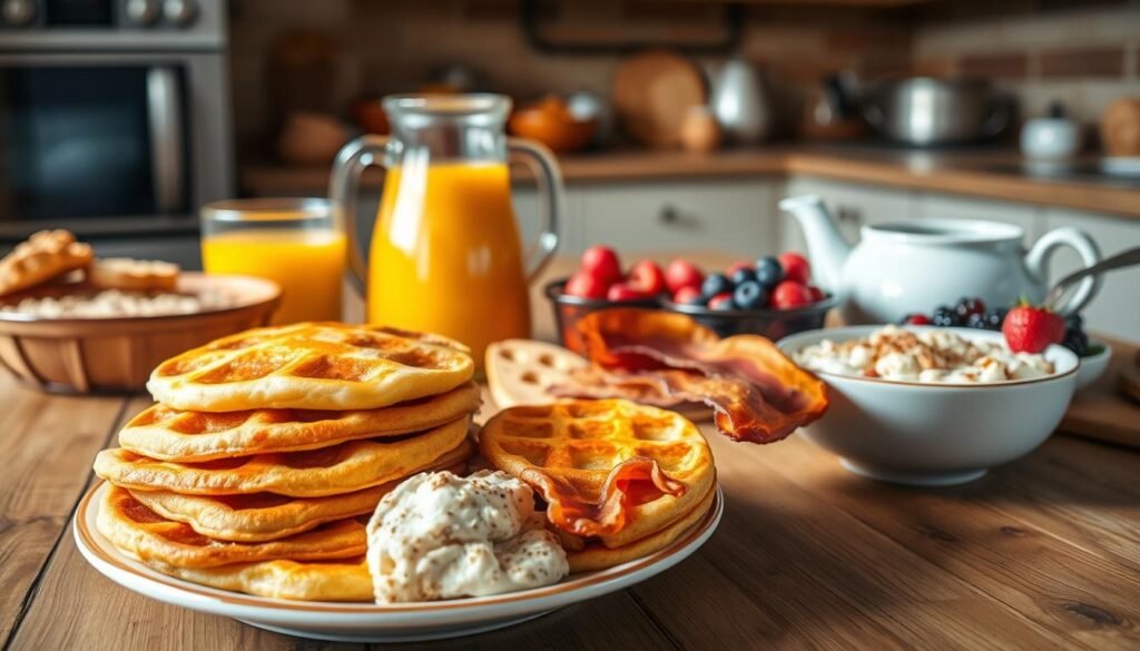 A hearty breakfast spread set against a rustic wooden table, bathed in warm, soft lighting. In the foreground, a plate overflows with fluffy pancakes, golden-brown waffles, and a stack of crisp bacon. Next to it, a bowl of creamy oatmeal with a sprinkle of cinnamon and a drizzle of honey. In the middle ground, a pitcher of fresh orange juice, a steaming mug of coffee, and a dish of ripe, juicy berries. The background features a cozy, inviting kitchen, with natural textures and earthy tones, conveying a sense of comfort and nourishment to start the day.