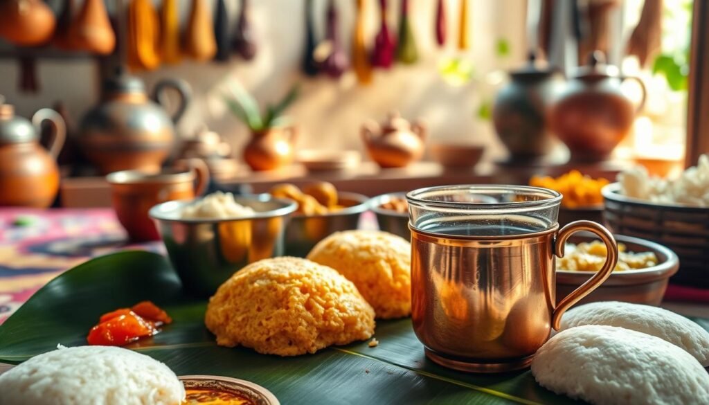 A lush, vibrantly-colored scene of a traditional South Indian breakfast spread. In the foreground, an array of delectable dishes - fluffy idli, savory sambar, crunchy vada, and aromatic coconut chutney - arranged on a banana leaf. The middle ground features a copper tumbler filled with steaming filter coffee, complemented by a small brass spoon. In the background, a glimpse of a quaint, sun-dappled South Indian kitchen, with earthenware pots and hanging bunches of spices. The warm, inviting atmosphere evokes the comforts of a family-style meal, capturing the essence of regional Indian breakfast traditions.