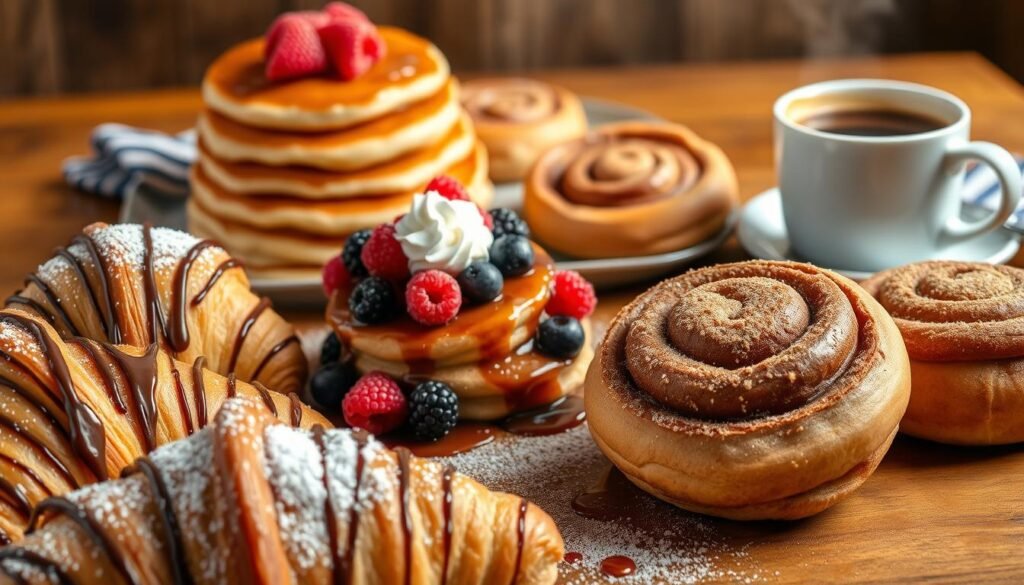 A mouthwatering assortment of breakfast desserts, captured in warm, inviting lighting. In the foreground, flaky, golden croissants drizzled with decadent chocolate and dusted with powdered sugar. Beside them, a stack of fluffy, syrup-glazed pancakes topped with vibrant berries and a dollop of whipped cream. In the middle ground, a tray of freshly baked cinnamon rolls, their swirls glistening with a sticky, cinnamon-sugar glaze. In the background, a rustic wooden table, set with a striped linen napkin and a steaming cup of rich, aromatic coffee, completing this indulgent breakfast tableau.