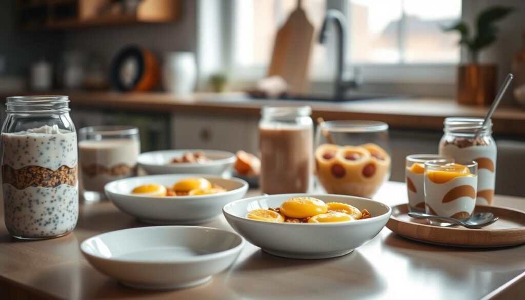 A neatly arranged table with a variety of healthy breakfast dishes including overnight oats, smoothie bowls, egg muffins, and yogurt parfaits. The lighting is soft and warm, creating a cozy and inviting atmosphere. The dishes are positioned in the foreground, with a blurred background of a kitchen counter or table. The overall mood is one of calm, simplicity, and a sense of preparedness for a nutritious and energized start to the day.