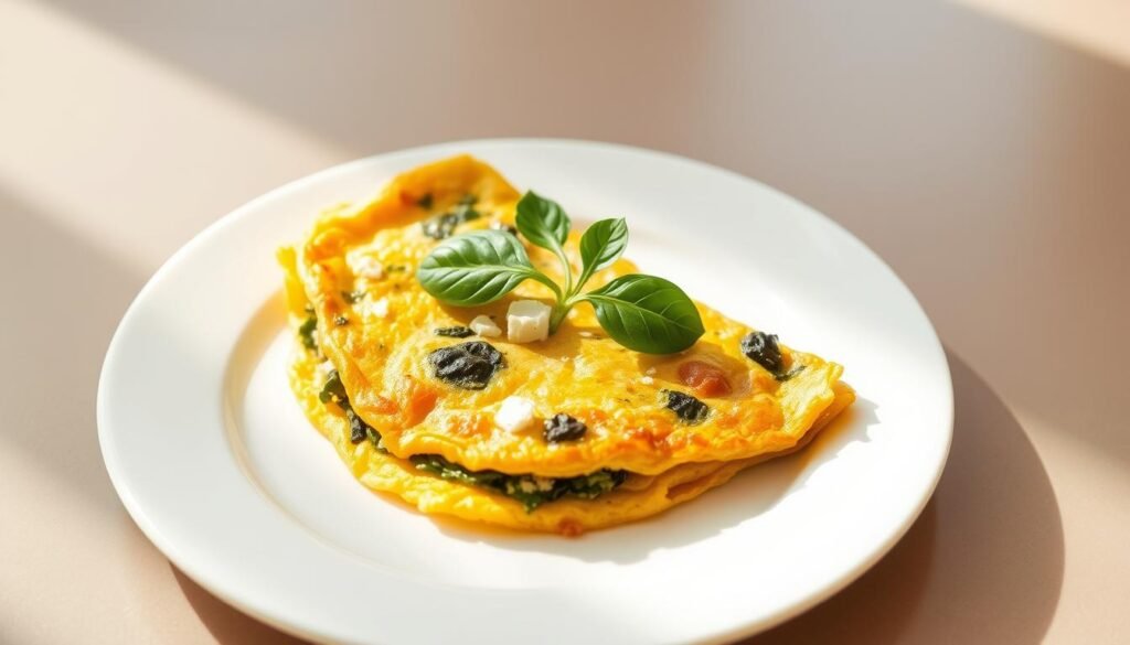 A perfectly cooked spinach and feta omelet, the golden-brown exterior giving way to a soft, fluffy interior. Nestled on a pristine white plate, the omelet is garnished with a vibrant green sprig of fresh spinach, its delicate leaves glistening in the warm, natural light that bathes the scene. The plate is set against a minimalist background, allowing the dish to take center stage and showcase its simplicity and nutritious appeal. The overall composition evokes a sense of health, wellness, and a delightful start to the day.