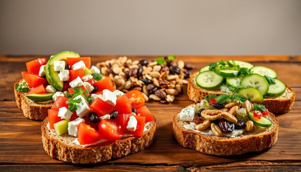 A selection of vibrant, artfully-arranged toasts on a rustic wooden surface, illuminated by natural, warm lighting. In the foreground, slices of whole grain bread are topped with a variety of healthy, colorful ingredients - creamy avocado, tangy feta, juicy tomatoes, crunchy cucumber, and fresh herbs. The middle ground showcases an assortment of nuts, seeds, and dried fruit, adding texture and nutritional value. The background features a minimalist, neutral backdrop, allowing the toasts to take center stage. The overall composition is balanced, visually appealing, and emblematic of a nourishing, creative breakfast.