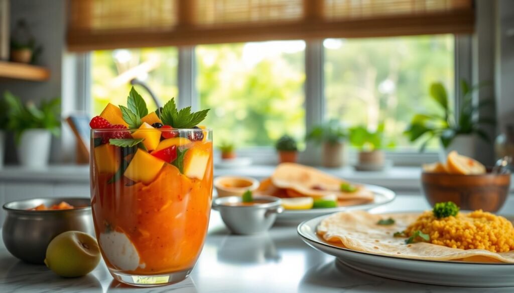 A serene, well-lit kitchen scene showcasing a variety of vibrant, freshly-prepared vegan Indian breakfast recipes. In the foreground, a richly-colored smoothie bowl filled with a blend of tropical fruits, leafy greens, and creamy dairy-free yogurt. In the middle ground, an assortment of traditional Indian breakfast dishes, including a savory dosa with chutneys, flavorful idli steamed cakes, and fragrant vegetable upma. The background features a window overlooking a lush, verdant outdoor landscape, bathed in soft, natural light. The overall atmosphere is one of nourishment, balance, and a celebration of the vibrant flavors and textures of a wholesome, plant-based Indian breakfast.
