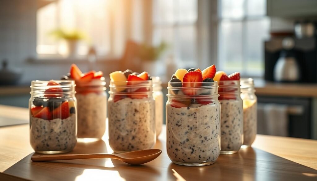 A sun-dappled kitchen counter, adorned with an assortment of overnight oats in glass jars, each topped with an array of fresh berries, sliced fruit, and a drizzle of honey. In the foreground, a wooden spoon rests alongside the jars, inviting the viewer to dive into this effortless, make-ahead breakfast. The warm, natural lighting casts a soft glow, creating an atmosphere of coziness and simplicity. In the background, a blurred view of a kitchen window offers a glimpse of a tranquil morning outside, further emphasizing the ease and mindfulness of this nourishing meal.