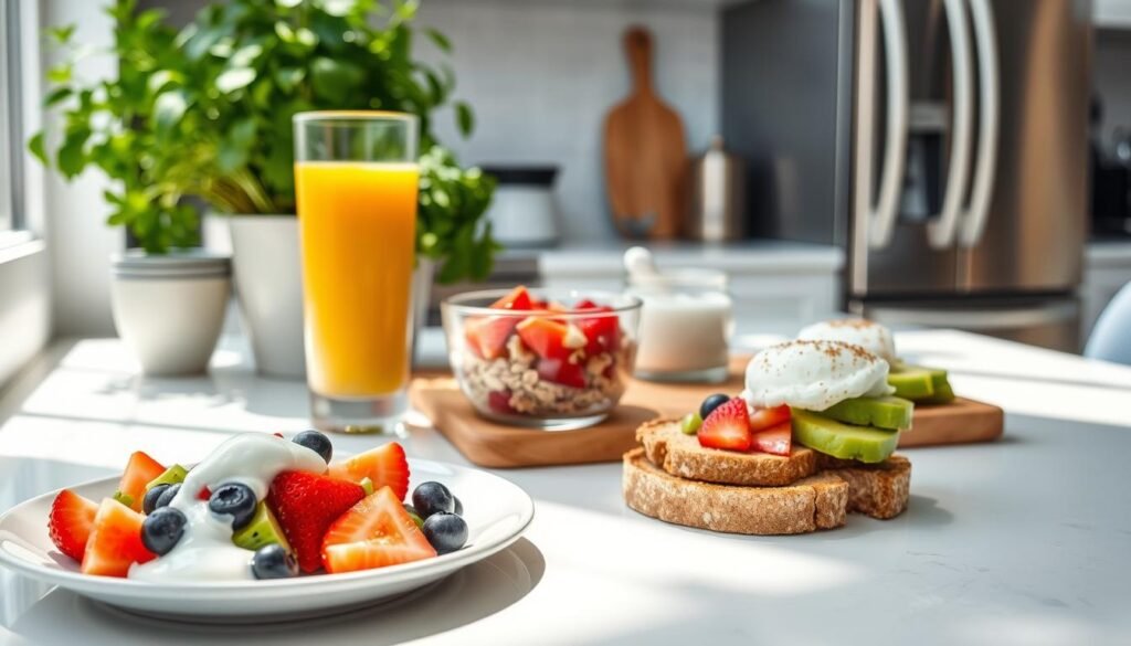 A sun-dappled kitchen counter with a neatly arranged spread of low-calorie breakfast options. In the foreground, a plate showcases a vibrant fruit salad of sliced strawberries, blueberries, and kiwi, drizzled with a dollop of low-fat Greek yogurt. Beside it, a tall glass of fresh-squeezed orange juice and a small bowl of overnight oats, topped with chia seeds and a sprinkle of cinnamon. In the middle ground, a toasted whole-grain English muffin with a smear of avocado and a poached egg. The background features lush green potted herbs, a wooden cutting board, and gleaming stainless steel appliances, creating a warm, inviting atmosphere. Soft, natural lighting from a nearby window bathes the scene in a gentle glow.