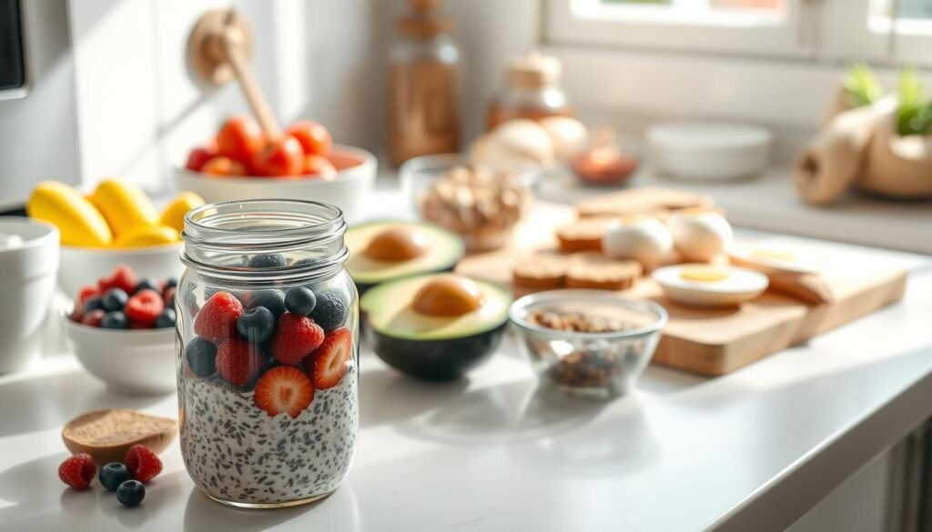 A sun-drenched kitchen countertop, where a variety of healthy breakfast ingredients lay neatly arranged - fresh fruits, yogurt, granola, and whole-grain breads. In the foreground, a mason jar holds overnight oats, its contents layered with berries and chia seeds. Behind it, a cutting board showcases sliced avocado and hard-boiled eggs, ready to be assembled into a nourishing breakfast. Soft, diffused lighting bathes the scene, highlighting the vibrant colors and clean, minimalist aesthetic. The overall mood is one of simplicity, organization, and the promise of a wholesome, time-saving morning meal.