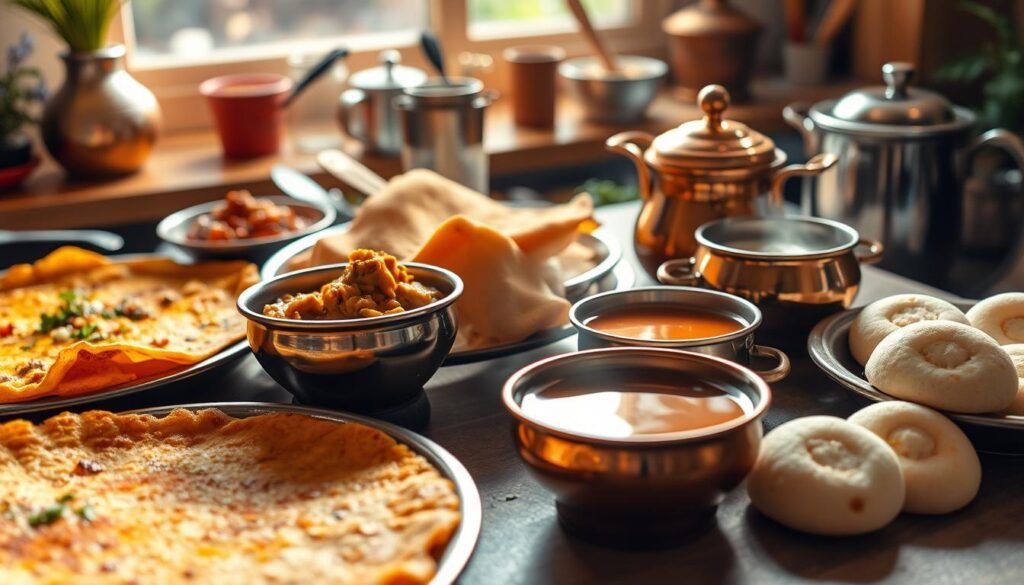 A tantalizing spread of traditional Indian breakfast delights, captured in a cozy, sun-drenched kitchen setting. Sizzling masala dosas with coconut chutney, fluffy idli cakes accompanied by savory sambar, and steaming hot chai in gleaming copper pots. Vibrant hues of turmeric, coriander, and cumin fill the air, while the gentle clatter of utensils and the lively chatter of family create a warm, convivial atmosphere. Soft, diffused lighting accentuates the rich, inviting textures of the food, giving it a mouthwatering allure. A feast for the senses, this scene transports the viewer to a serene Sunday morning in an authentic Indian home.