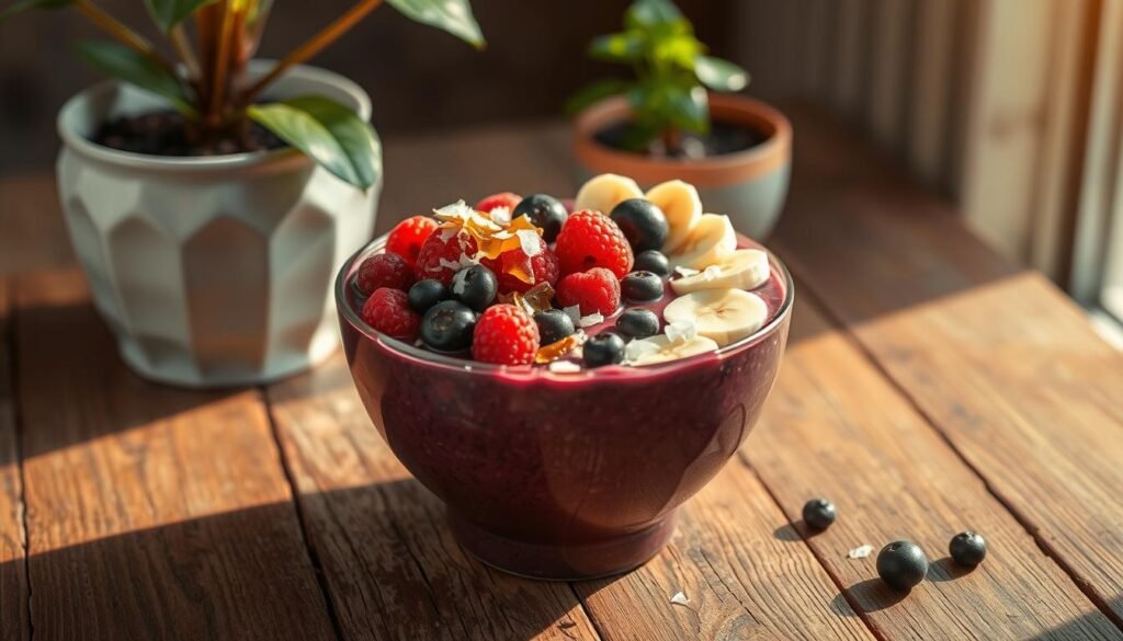 A vibrant acai bowl overflowing with nourishing superfood ingredients, artfully arranged on a rustic wooden table. The bowl's deep purple hue is complemented by the vibrant colors of sliced bananas, fresh berries, toasted coconut flakes, and a drizzle of honey. The image is bathed in warm, natural lighting, casting a soothing glow and highlighting the bowl's inviting texture. In the background, a potted plant adds a touch of greenery, and the table's weathered surface creates a sense of simple, earthy elegance. This image evokes a feeling of wholesome, energizing goodness - the perfect way to start an energized day.