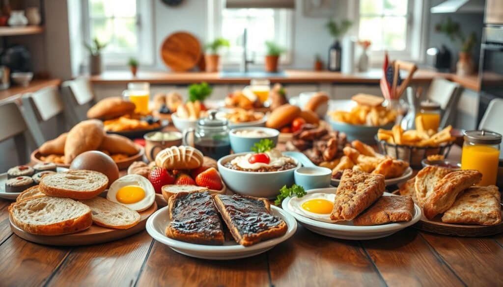 A vibrant, international breakfast table filled with a variety of delectable dishes from around the world. In the foreground, a central focal point showcases an assortment of breads, pastries, and sweet treats from diverse cultures, artfully arranged on a wooden surface. The middle ground features a selection of savory items such as eggs, meats, and vegetables, each prepared with unique regional flair. The background blends into a softly lit, cozy kitchen setting, with natural light filtering through windows and warm tones creating an inviting atmosphere. The overall composition exudes a sense of global culinary exploration, inspiring the senses and whetting the appetite for a truly international morning meal.