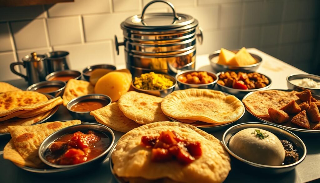 A vibrant, mouthwatering spread of traditional Indian breakfast delights, bathed in warm, golden lighting and captured from a high angle. In the foreground, an assortment of freshly prepared dishes - fluffy dosas, crispy vada, and savory idli, accompanied by chutneys and spiced potatoes. The middle ground showcases a stainless steel tiffin carrier, its layers revealing more tempting options. In the background, a minimalist, white-washed kitchen counter provides a clean, rustic backdrop, hinting at the effortless preparation of these quick, flavorful meals. The overall scene evokes the comforting aromas and vibrant colors of a typical Indian morning, inviting the viewer to dive into this delectable spread.