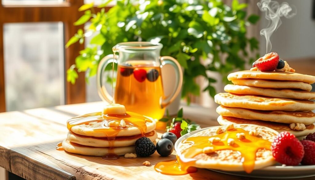 A vibrant, sun-drenched scene of a healthy gluten-free breakfast spread across a rustic wooden table. In the foreground, a stack of fluffy gluten-free pancakes drizzled with raw honey, accompanied by juicy berries and a sprinkle of chopped nuts. In the middle ground, a glass pitcher filled with refreshing herbal tea, its steam wafting gently. In the background, a lush, verdant potted plant casts a soft, natural glow over the entire tableau. Captured with a wide-angle lens to emphasize the abundance and wholesome atmosphere, the lighting is warm and inviting, conveying a sense of nourishment and energy for the day ahead.