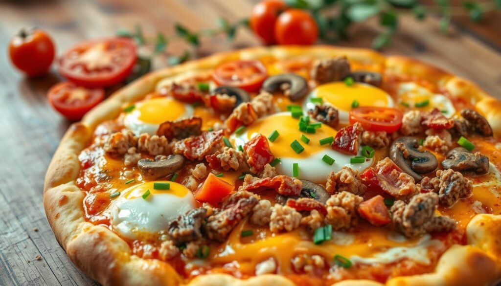 Creative toppings on breakfast pizza