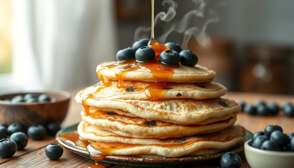 Delicate almond flour pancakes, piled high with a light golden-brown exterior and fluffy interior, glistening with maple syrup and dotted with juicy blueberries. The pancakes are arranged on a rustic wooden table, surrounded by a soft, natural-light filled setting, accentuating the homemade, wholesome vibe. Wispy steam rises from the stack, creating a cozy, inviting atmosphere. The overall scene exudes a sense of nourishment and wellness, perfectly capturing the essence of a gluten-free breakfast option to start the day.