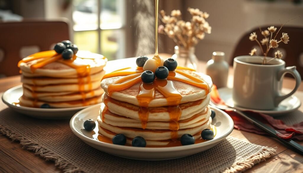 Delicious fluffy pancakes on a wooden table, drizzled with golden maple syrup and sprinkled with fresh blueberries. Sunlight streams through a nearby window, casting a warm, inviting glow. Crisp bacon and a steaming mug of coffee complete the cozy, homemade breakfast scene. The pancakes are stacked high, with a slightly crisp exterior and a soft, pillowy interior. The table is set with a simple, rustic placemat, utensils, and a small vase of wildflowers, creating a charming, effortless ambiance. Photographed with a shallow depth of field, the focus is on the star of the scene - the mouthwatering pancakes.