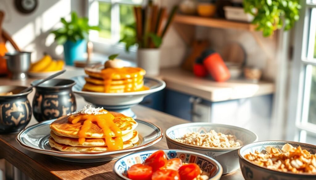 Fusion breakfast recipes: A vibrant array of culinary creativity unfolds in a sun-dappled kitchen. Soft, fluffy pancakes blended with aromatic spices and drizzled with a fragrant mango chutney. Crisp, golden hash browns intertwined with sautéed veggies and infused with bold Indian flavors. Steaming bowls of savory oatmeal, seasoned with warm garam masala and garnished with toasted coconut flakes. Vibrant colors, tantalizing aromas, and a harmonious fusion of East and West captivate the senses, inviting a delightful culinary adventure to start the day with a twist.